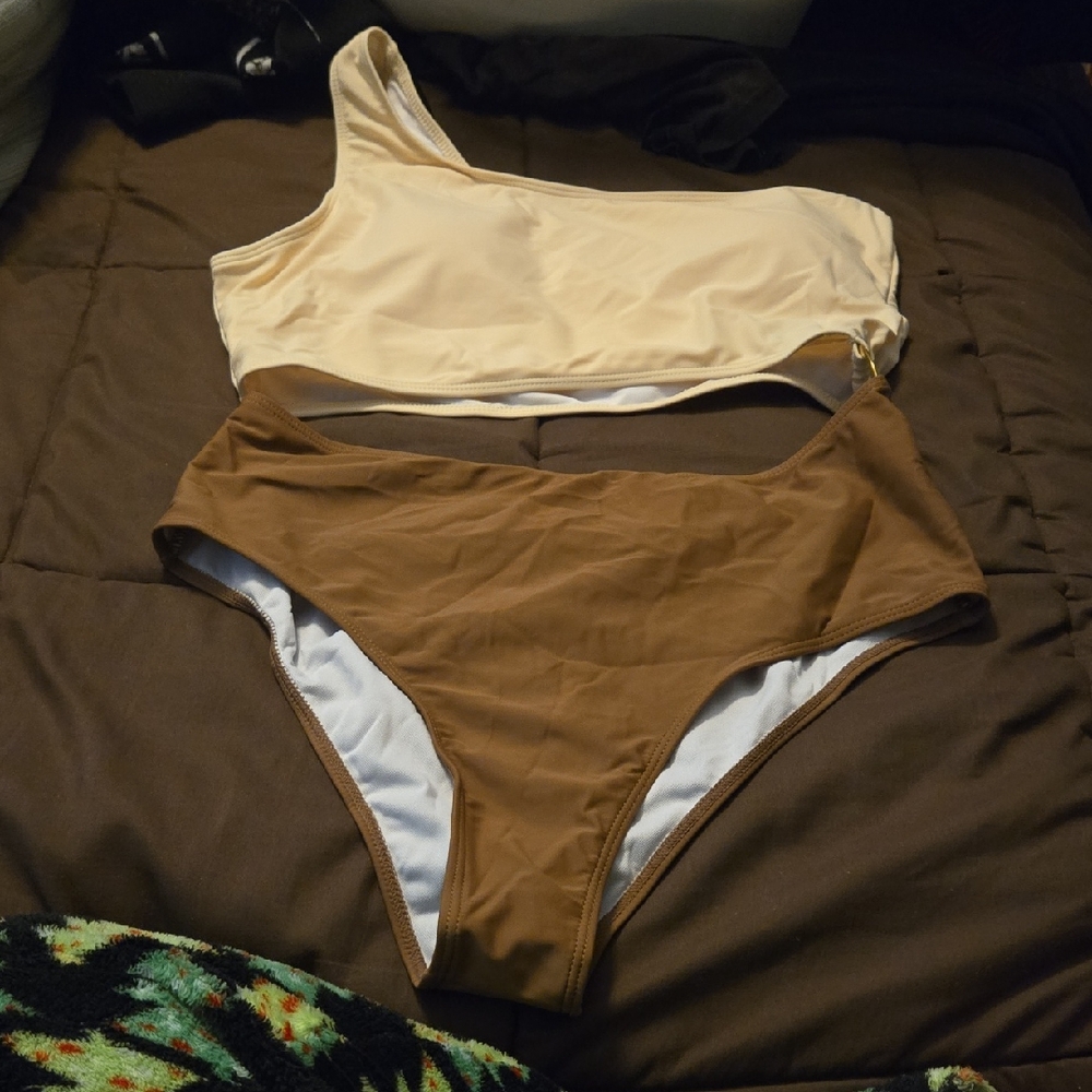 One-Shoulder Cream and Brown Bikini Set